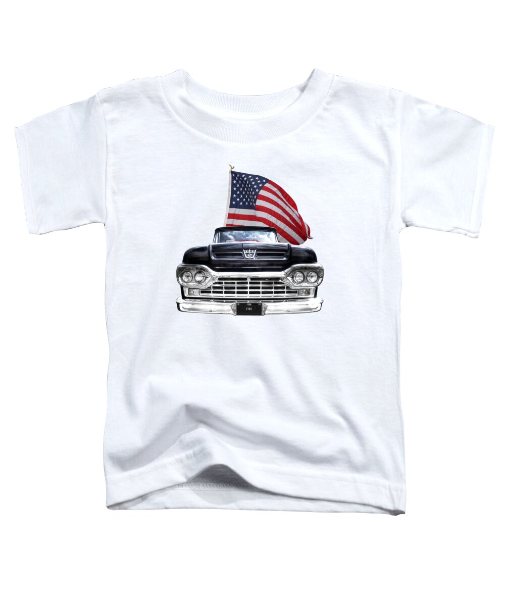 Ford F100 Toddler T-Shirt featuring the photograph Ford F100 With U.S.Flag On Black by Gill Billington