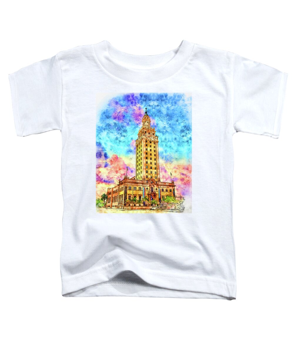Freedom Tower Toddler T-Shirt featuring the digital art Freedom Tower in Miami, Florida, at sunset - pen and watercolor by Nicko Prints