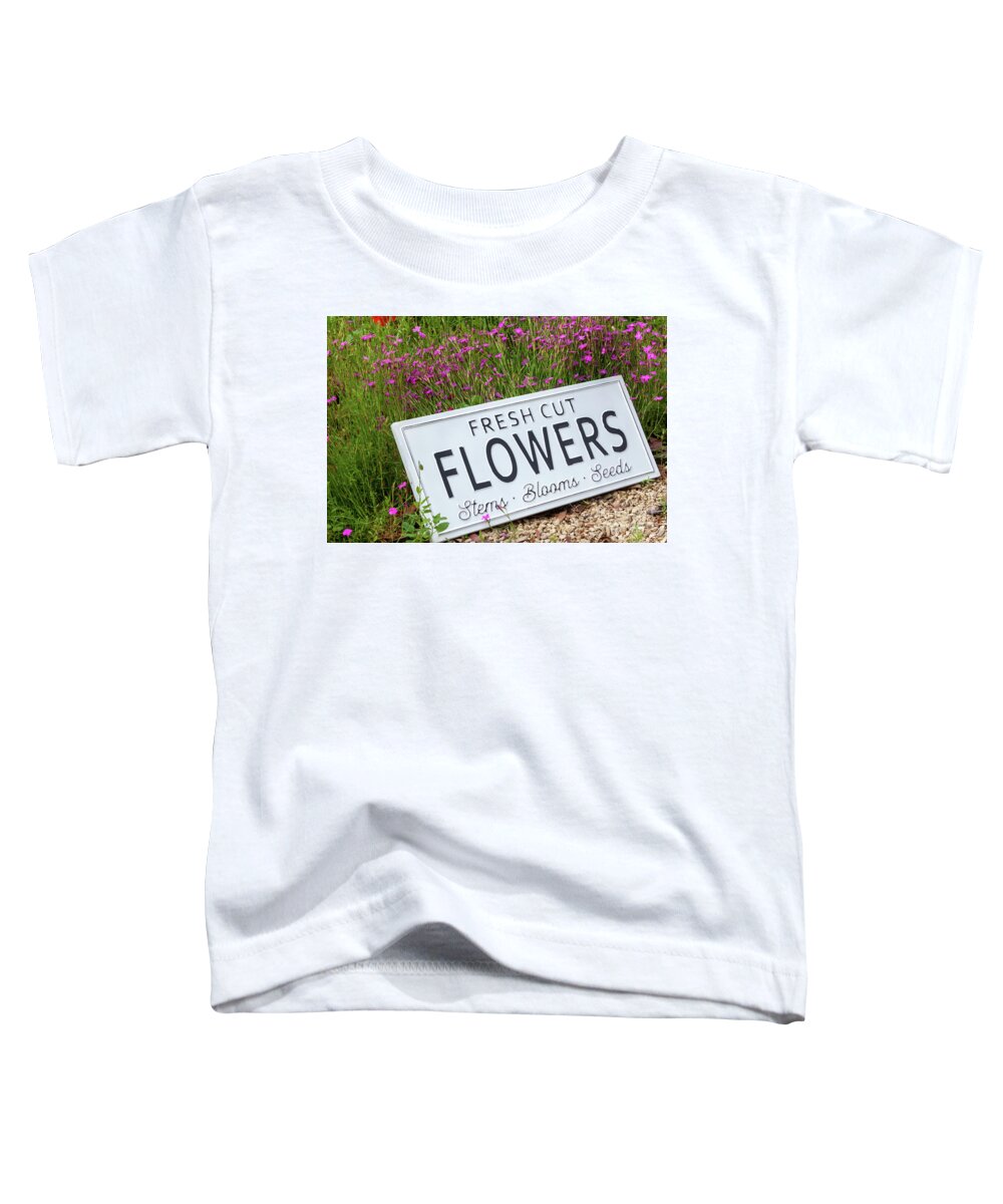 Flowers Toddler T-Shirt featuring the photograph Garden flowers with fresh cut flower sign 0737 by Simon Bratt