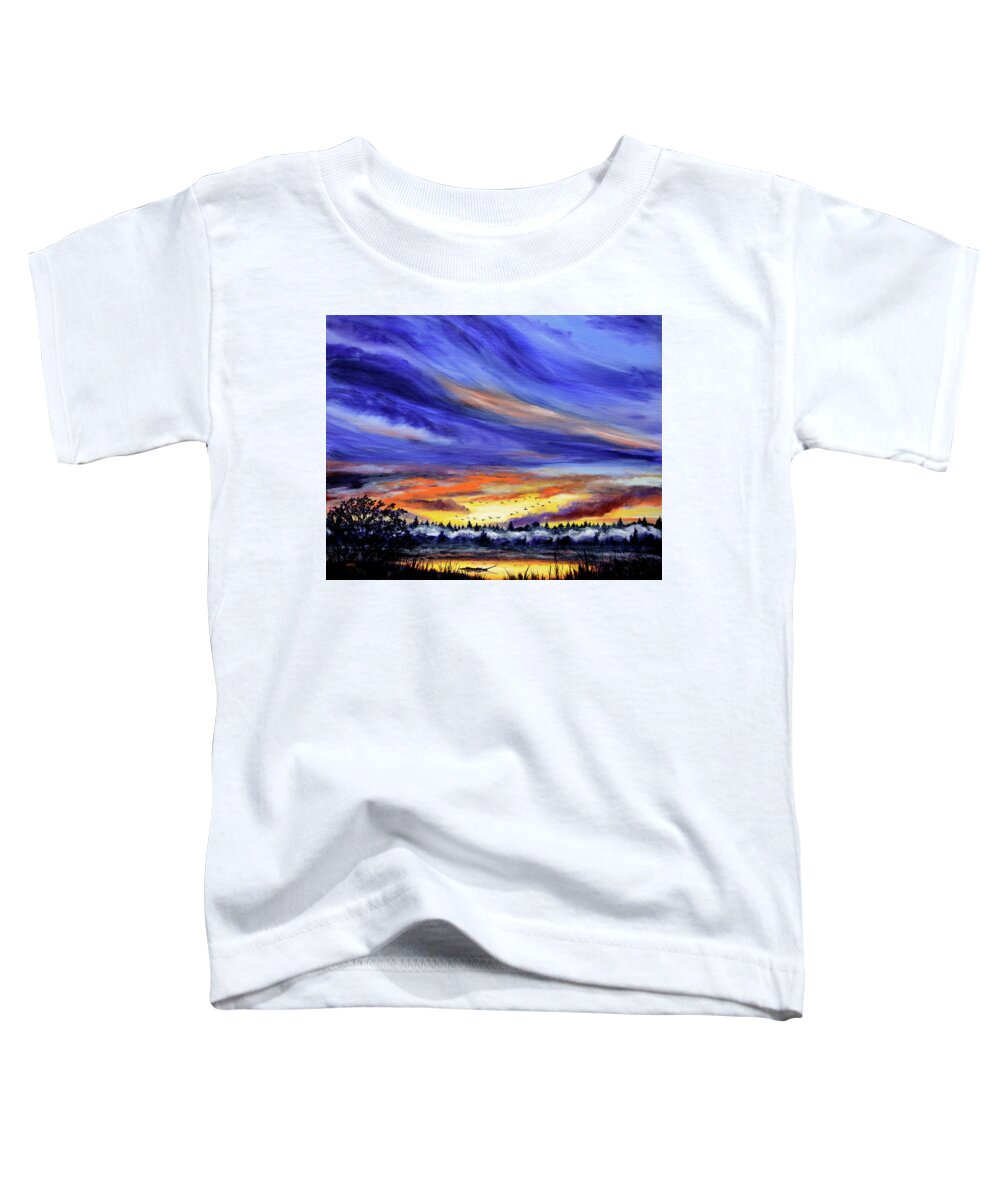 Corvallis Toddler T-Shirt featuring the painting Geese Over a Wetlands Pond at Sunrise by Laura Iverson