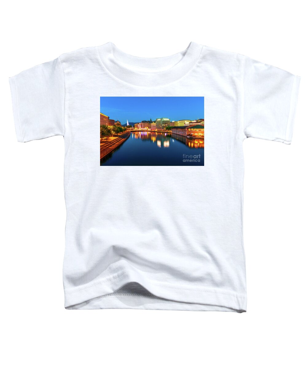 Geneva Toddler T-Shirt featuring the photograph Geneva skyline Switzerland by night by Benny Marty