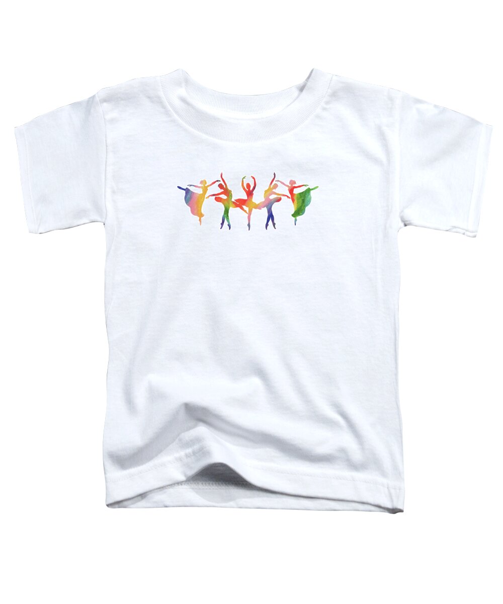 Rainbow Ballerinas Toddler T-Shirt featuring the painting Happy Rainbow Dancing Ballerinas Silhouette by Irina Sztukowski
