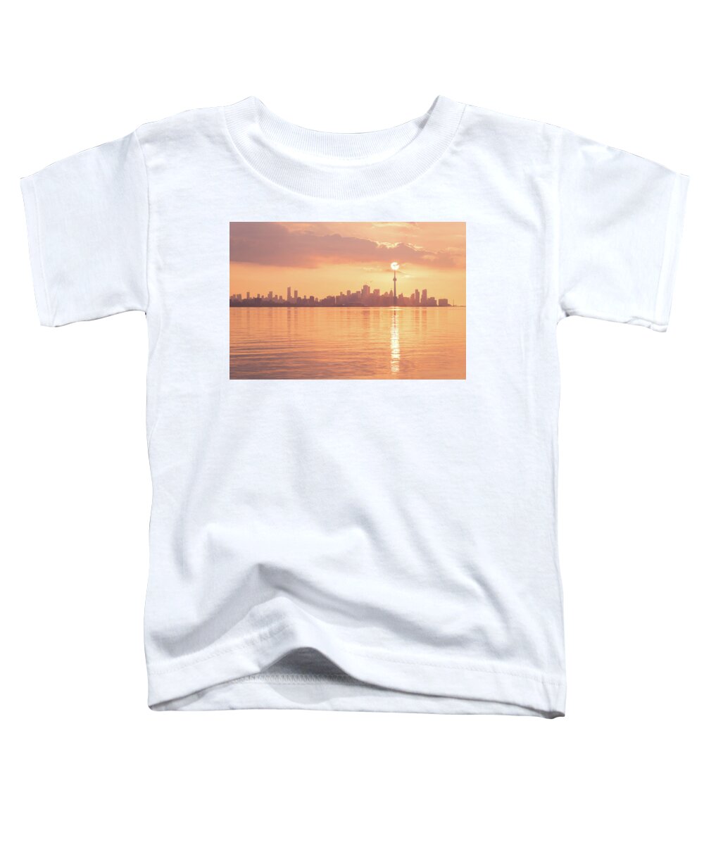 Perfectly Timed Toddler T-Shirt featuring the photograph Holding Up the Sun - Perfectly Timed Rose Gold Sunrise Over Toronto by Georgia Mizuleva