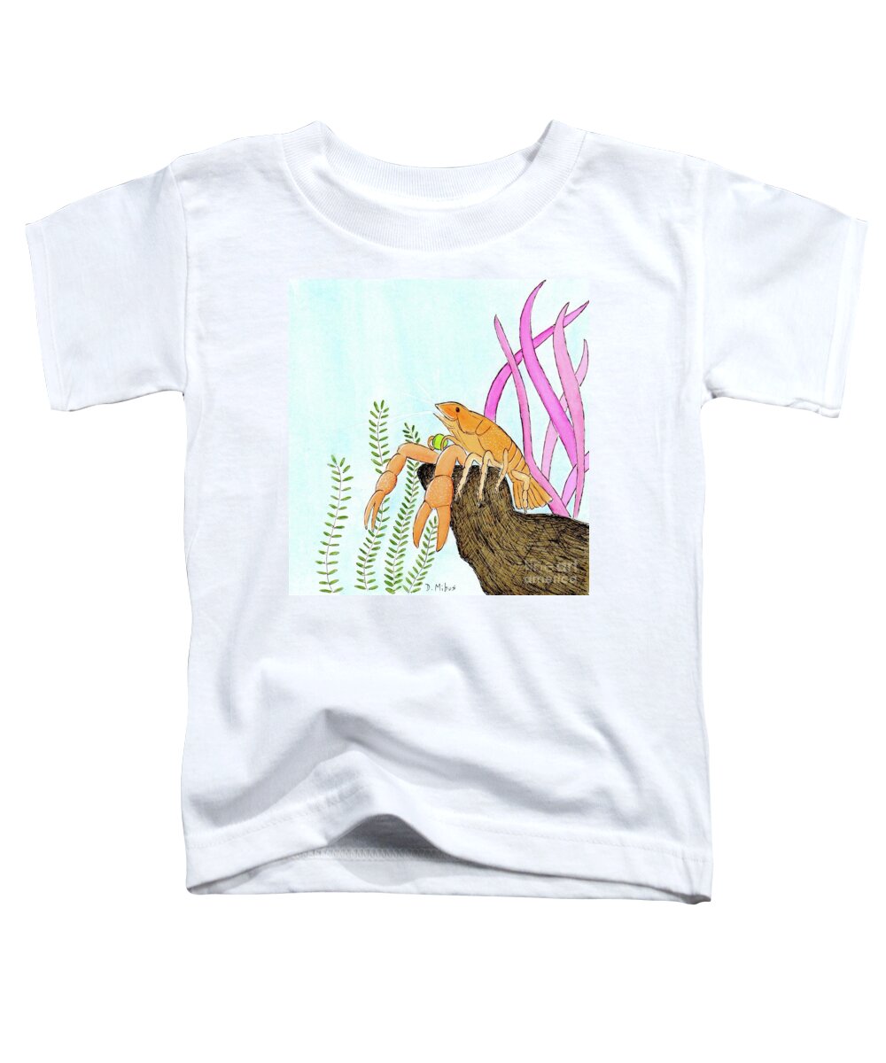 Aquarium Toddler T-Shirt featuring the painting Leo the Aquarium Lobster Enjoys a Pea by Donna Mibus