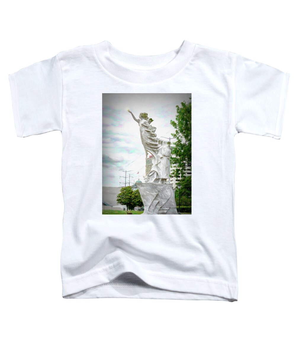 Mississippi River Walk Toddler T-Shirt featuring the photograph Monument To The Immigrant - NOLA Riverwalk by Debra Martz