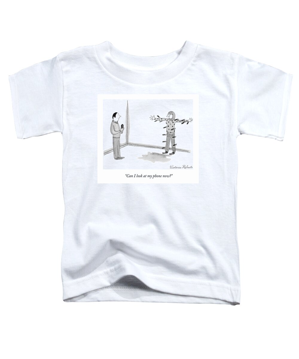 “can I Look At My Phone Now?” Knives Toddler T-Shirt featuring the drawing My Phone by Victoria Roberts