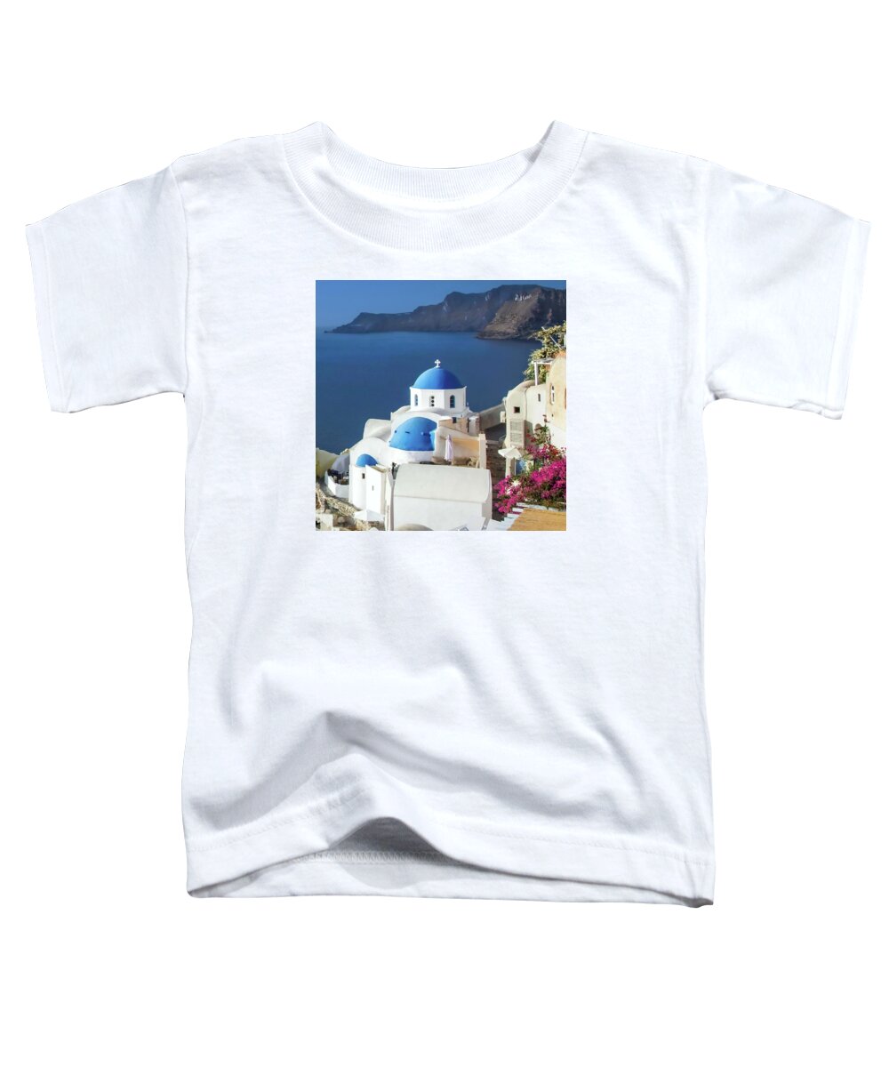 Santorini Toddler T-Shirt featuring the photograph Oia Santorini Blue Domes by Rebecca Herranen