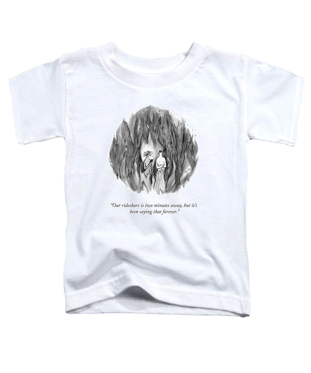 our Rideshare Is Two Minutes Away Toddler T-Shirt featuring the drawing Our Rideshare Is Two Minutes Away by Julia Suits