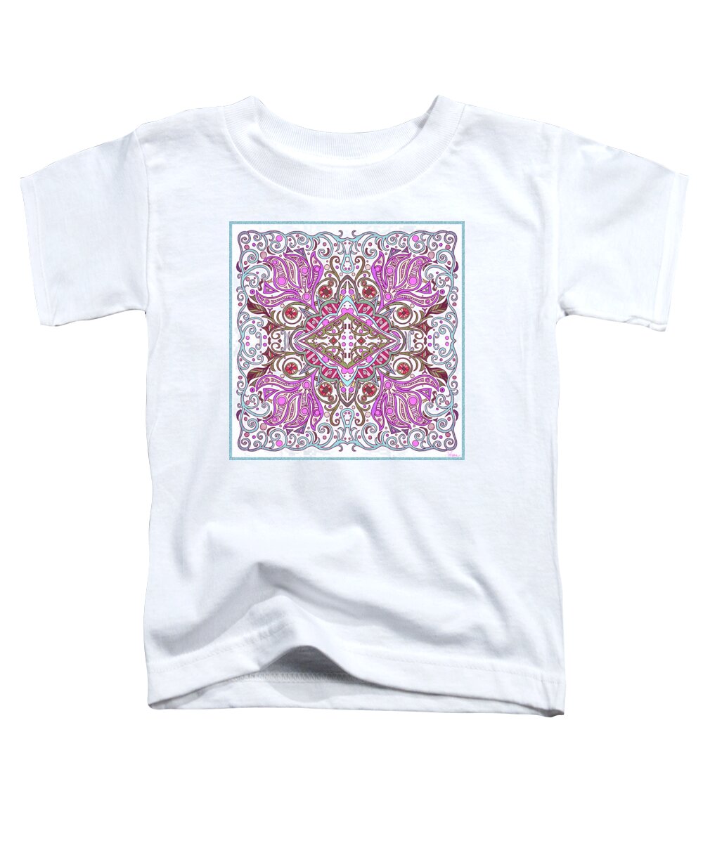 Pink Paisley Flowers Toddler T-Shirt featuring the mixed media Paisley Flowers with Fuchsia, Pinks and Reds Against a Turquoise and White Background by Lise Winne