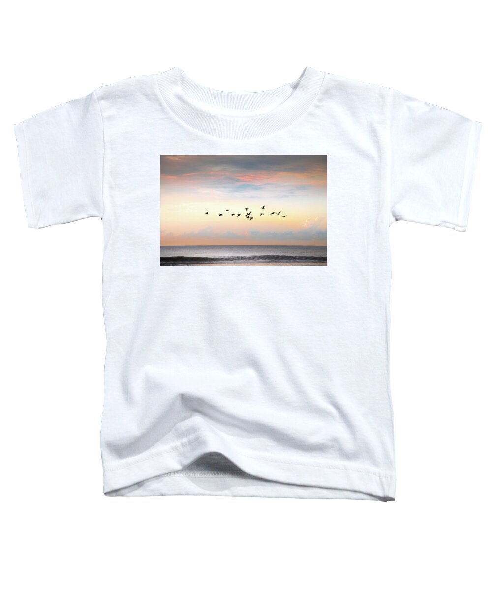 Pelican Toddler T-Shirt featuring the photograph Pelicans Over Folly Beach by Jordan Hill