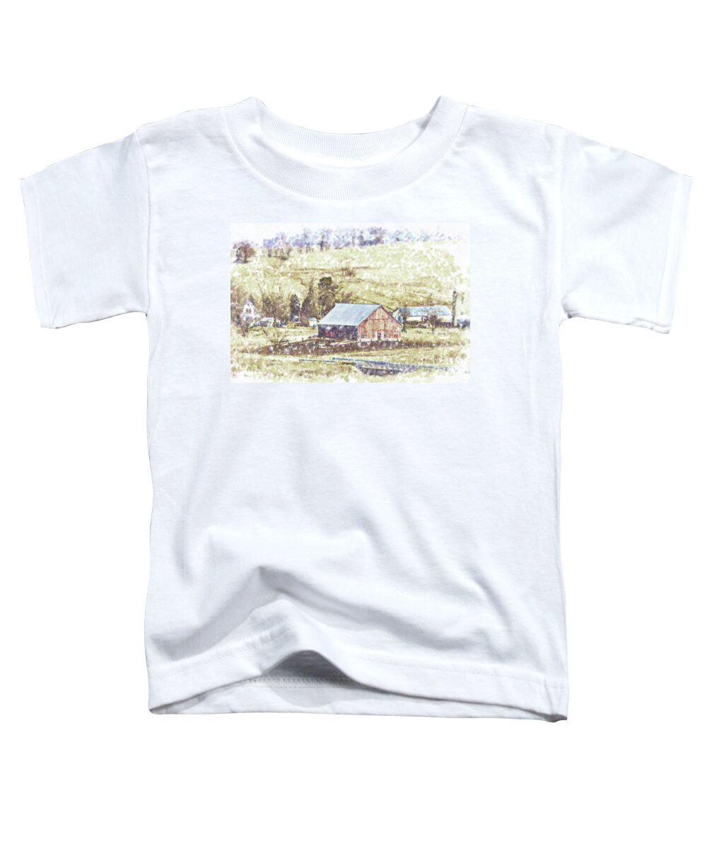 Farm Toddler T-Shirt featuring the digital art Red Barn In The Valley by Kirt Tisdale