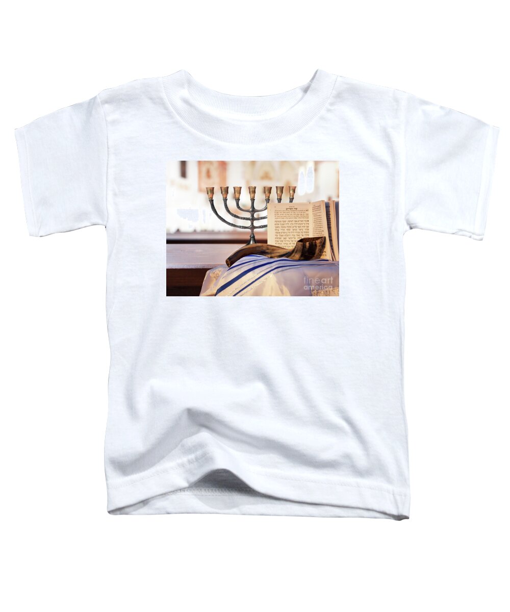 Shofar Toddler T-Shirt featuring the photograph Shofar, Menorah and Jewish prayer book by Stella Levi