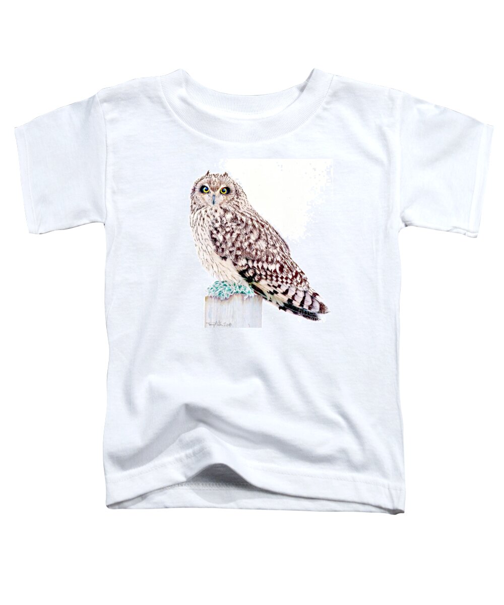 Short-eared Owl Toddler T-Shirt featuring the mixed media Short-eared Owl, mixed media. by Tony Mills