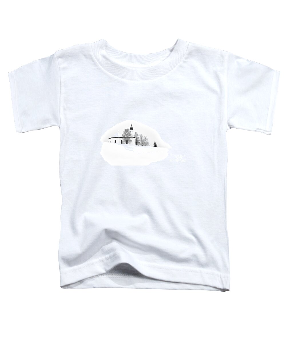 Cozy Snow Winter Austria White Trees Church Stylish Contemporary Conceptual Christmas Atmospheric Peaceful Beautiful Delightful Delicate Gentle Soft Snowdrifts Painterly Graphical Black Mono B&w Minimal Minimalist Minimalism Simplistic Simple Attractive Restful Relaxing Drawing Graphics Covered Xmas Season Greetings Enjoyable Cold Freezing Warm Calm Card Tranquility Relaxation Serene Singular Scenery View Magical Fairy Tale Elements Poetic Artistic Tranquility Snowing Snowfall Spiritual Inspire Toddler T-Shirt featuring the photograph Snow, Cosy Snow, White Christmas by Tatiana Bogracheva