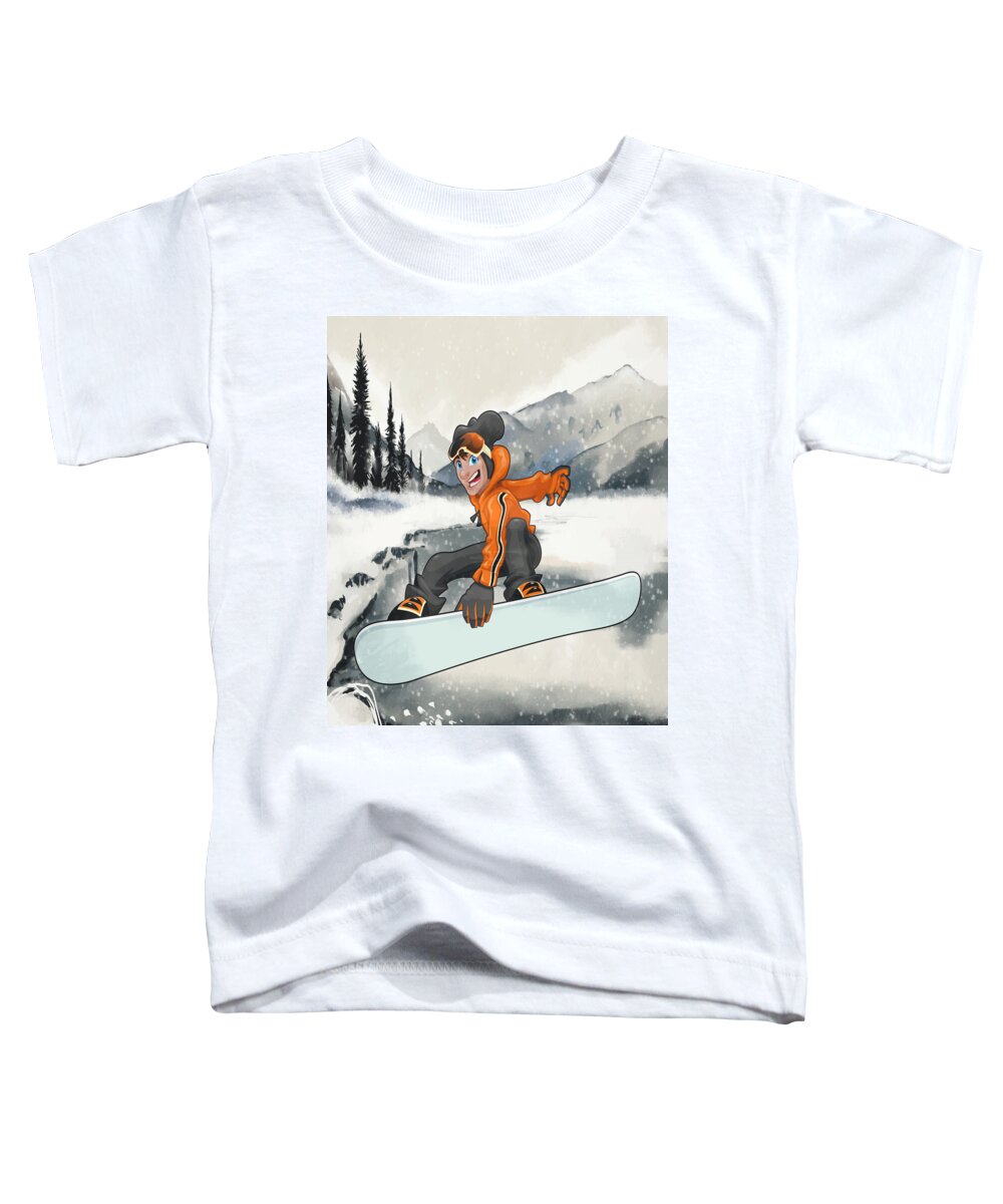 Watercolor Toddler T-Shirt featuring the digital art Snowboard, cartoon style, watercolor winter landscape by Mounir Khalfouf
