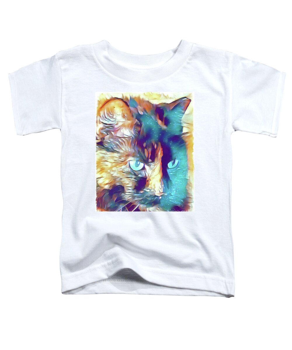 Cat; Kitten; Torti; Torti Cat; Tortoiseshell; Gold; Brown; Black; Teal; Cat Eyes; Kitten Eyes; Close-up; Photography; Painting; Profile; Toddler T-Shirt featuring the photograph Torti in Teal by Tina Uihlein