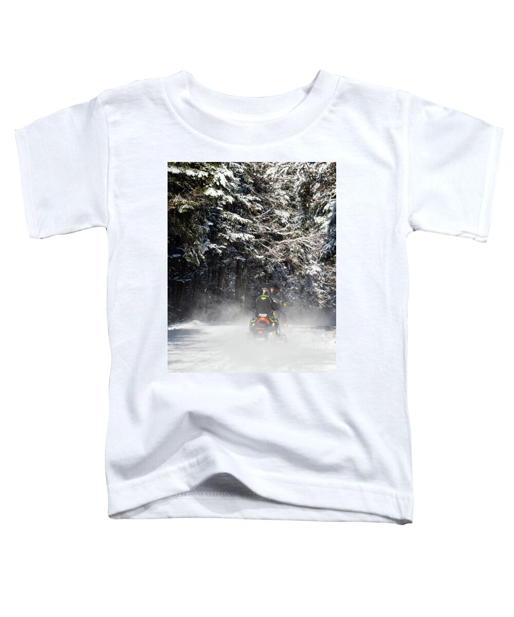 America Toddler T-Shirt featuring the photograph Two Snowmobiles Heading Down The Trail - Pittsburg, New Hampshire by John Rowe