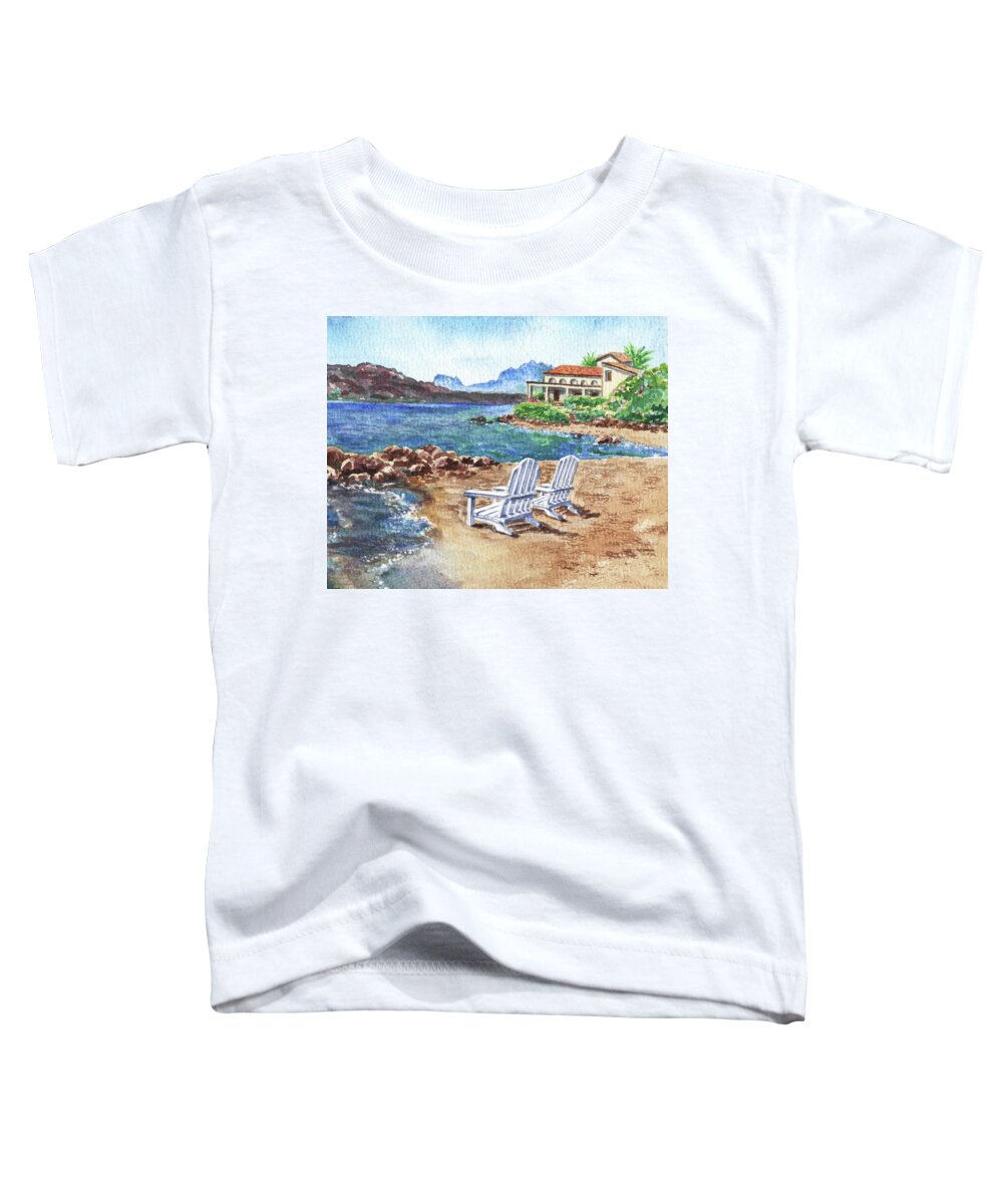 Two Toddler T-Shirt featuring the painting Two White Chairs At The Beach Old Town Cannigione Italy Sardinia Island Mountains Watercolor by Irina Sztukowski