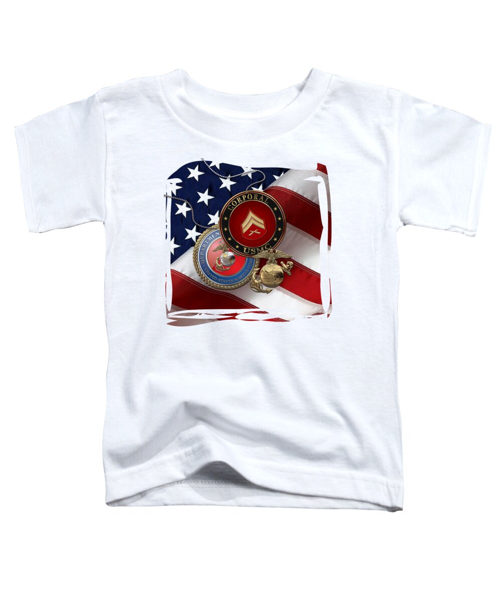 Military Insignia & Heraldry Collection By Serge Averbukh Toddler T-Shirt featuring the digital art U.S. Marine Corporal Rank Insignia with Seal and EGA over American Flag by Serge Averbukh