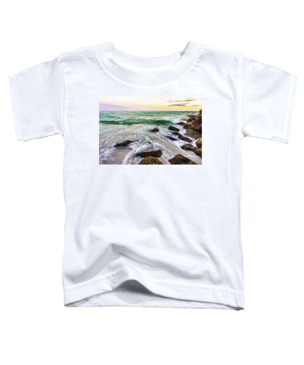 Beach Toddler T-Shirt featuring the photograph Waves on the Rocks at Sunset by Mike Whalen