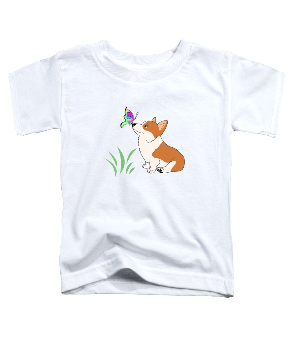 Welsh Corgi Toddler T-Shirt featuring the digital art Welsh Corgi with Butterfly by Kathy Kelly