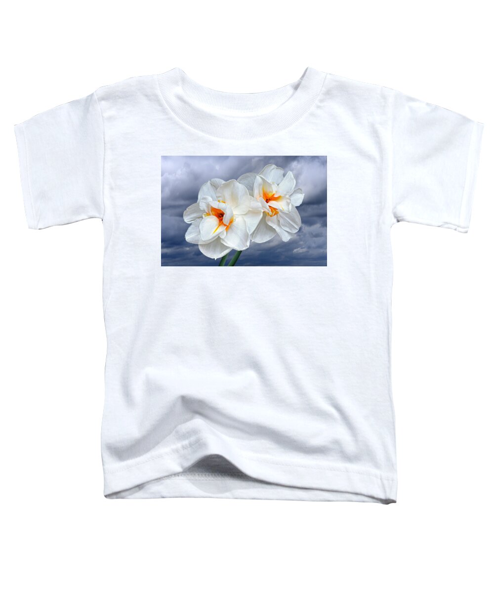 Daffodil Toddler T-Shirt featuring the photograph White Narcissus in Spring Storm by Gill Billington