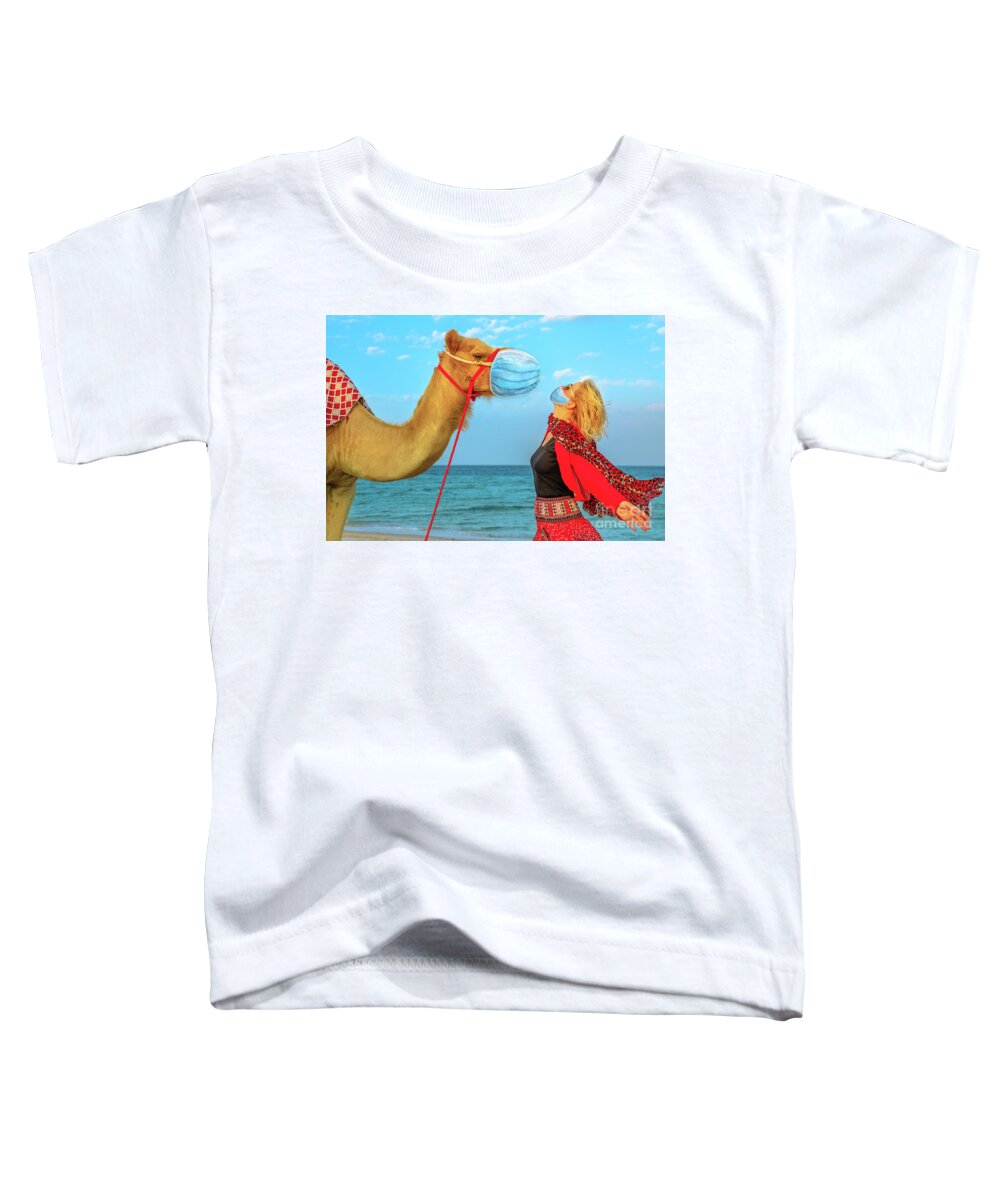 Camel Toddler T-Shirt featuring the photograph Woman with camel at Covid 19 by Benny Marty