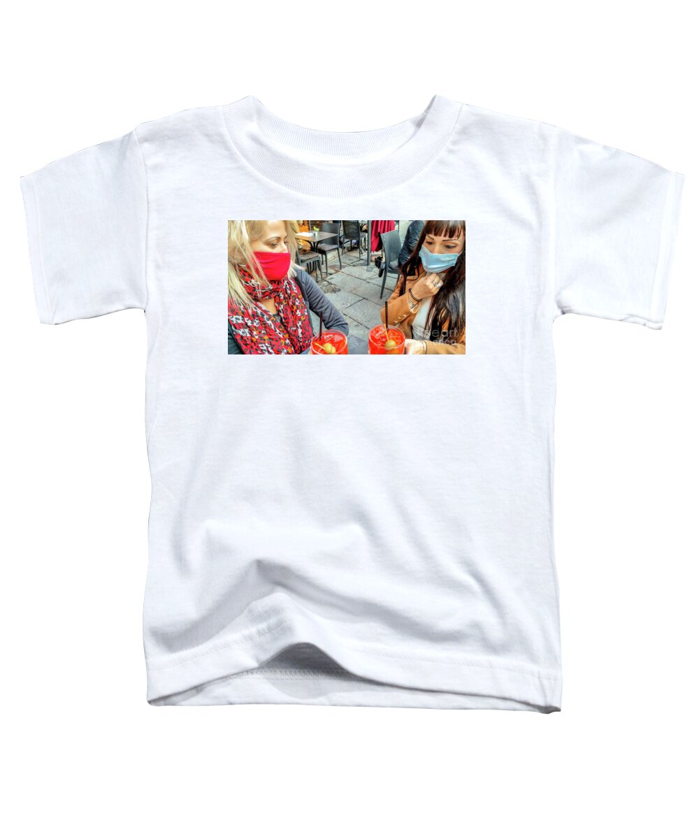 Cocktail Toddler T-Shirt featuring the photograph Women toasting cocktails with surgical mask by Benny Marty