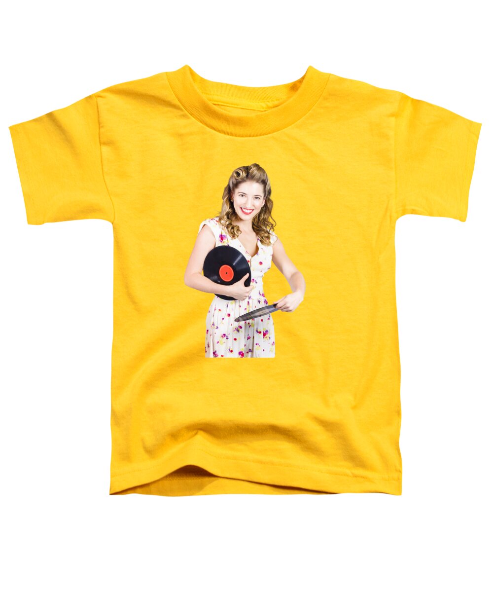 Spinning Toddler T-Shirt featuring the photograph DJ disco pin-up girl rocking out to retro vinyl by Jorgo Photography