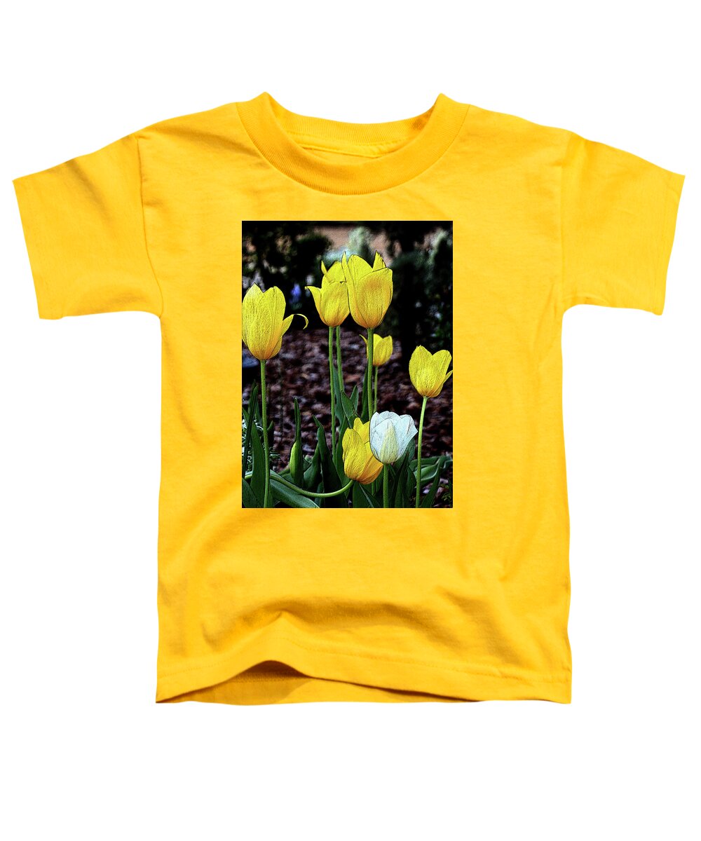 Nature Toddler T-Shirt featuring the photograph Embossed Yellow and White Tulips by Sheila Brown