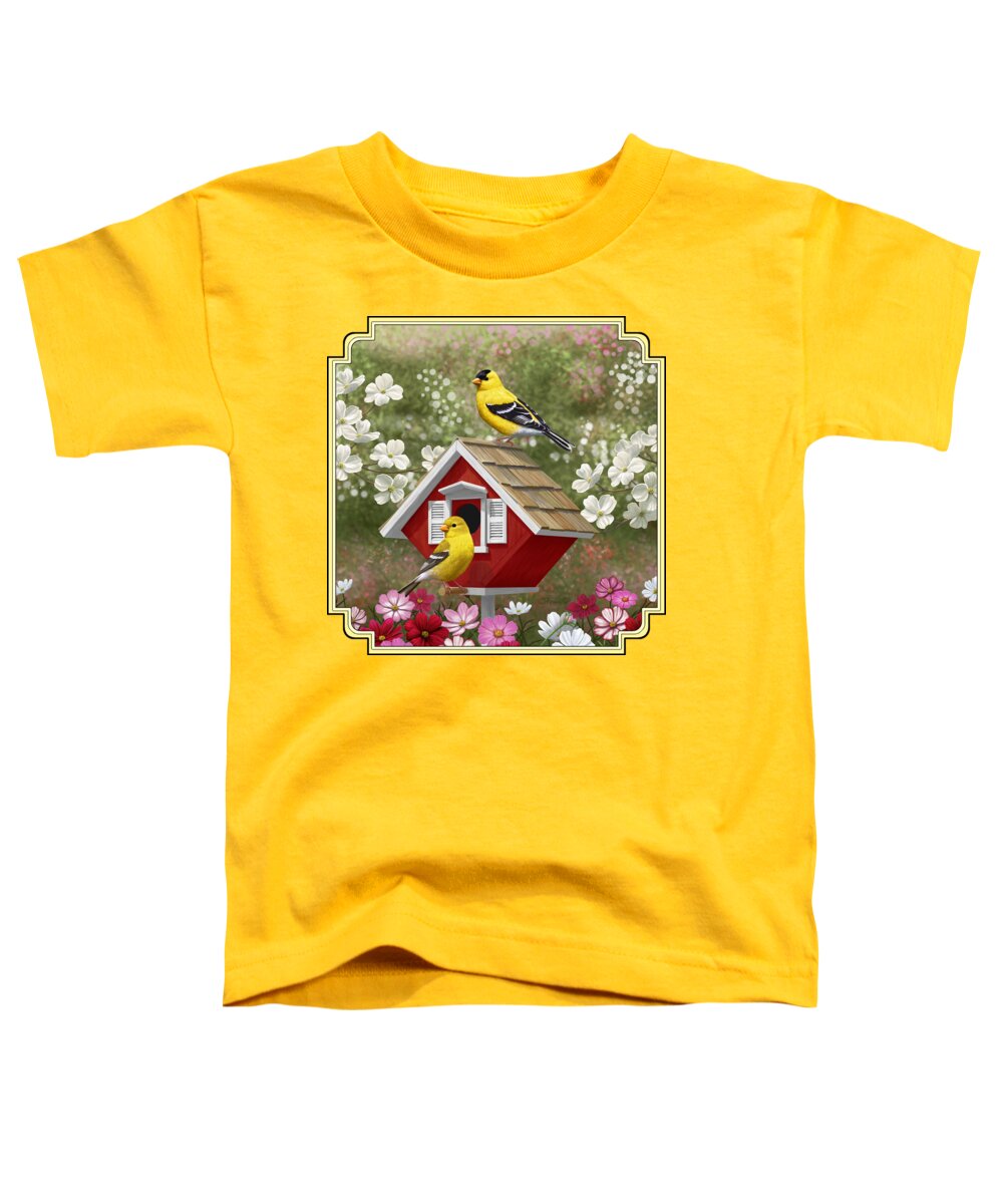 Wild Birds Toddler T-Shirt featuring the painting Red Birdhouse and Goldfinches by Crista Forest