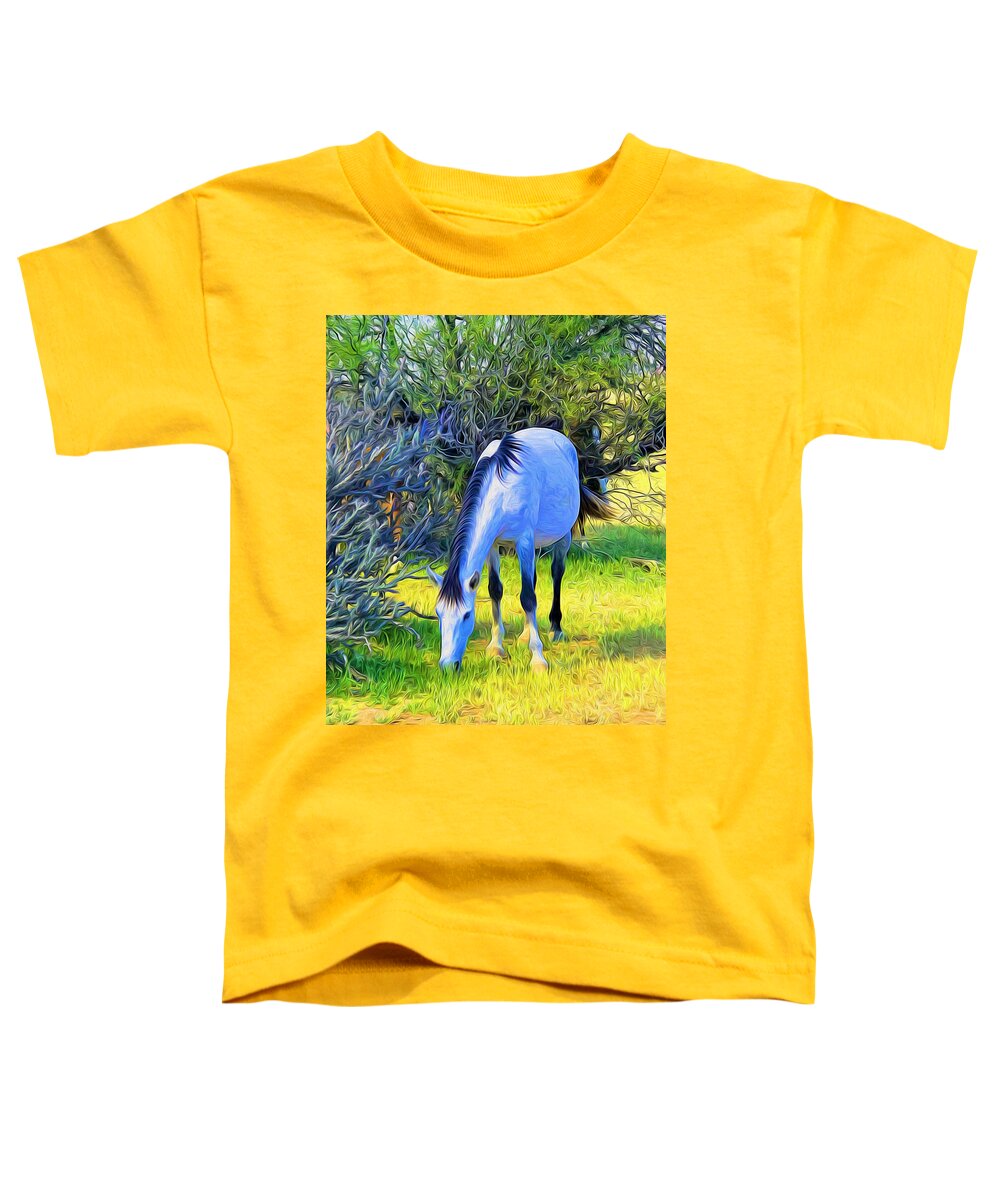 Horse Toddler T-Shirt featuring the photograph White Mare at Salt River by Barbara Zahno
