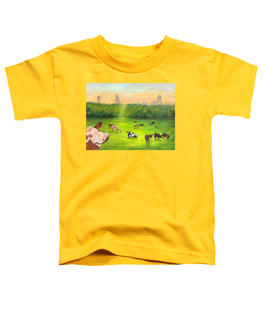 Curious Toddler T-Shirt featuring the painting Curious Cow by Deborah Naves
