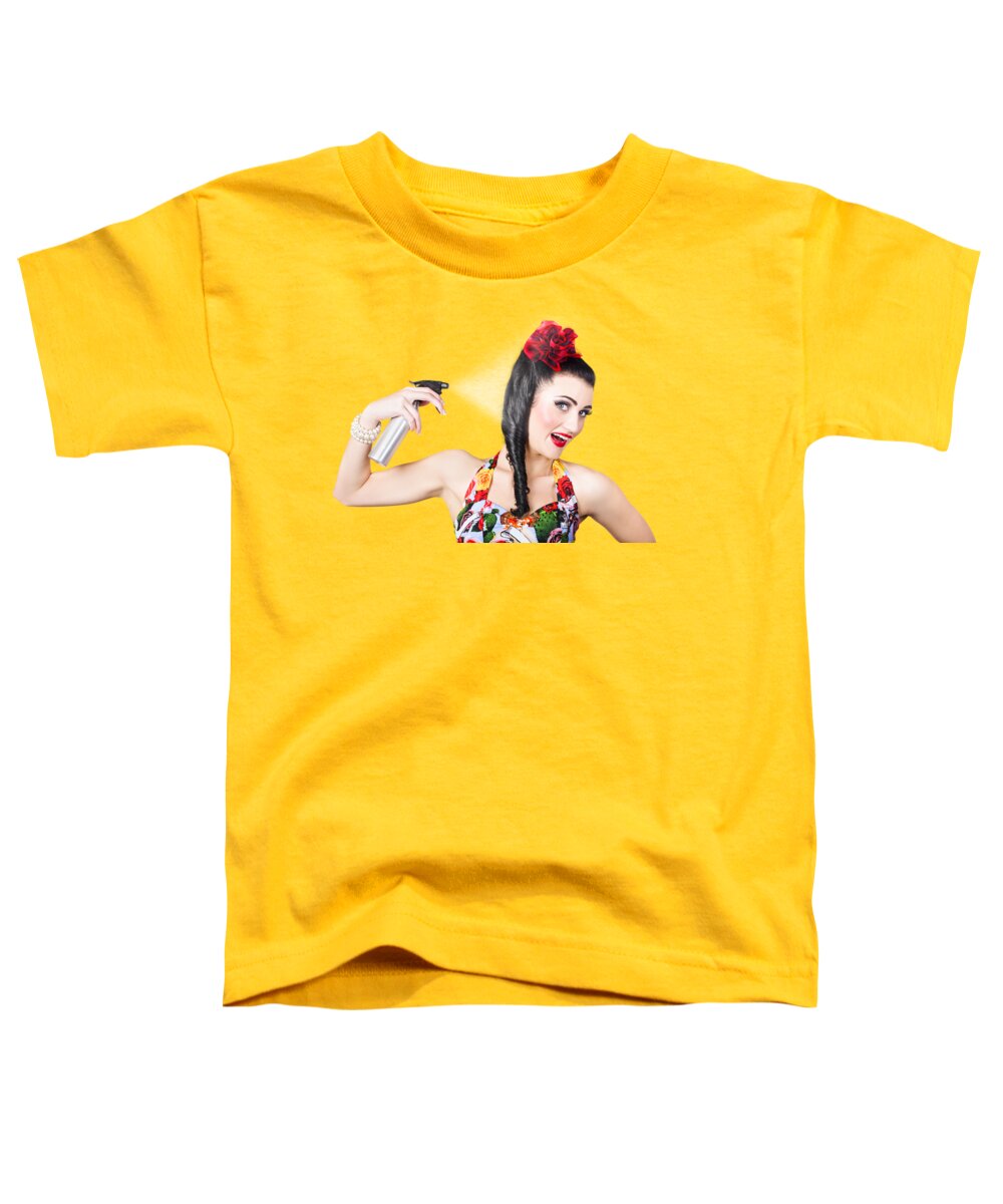 Hair Toddler T-Shirt featuring the photograph Haircare. Brunette pinup woman using hair product by Jorgo Photography