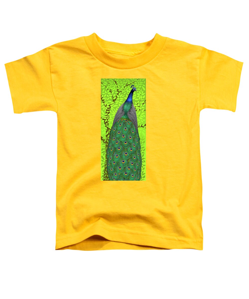 Peacock In Tree Toddler T-Shirt featuring the painting Peacock in Tree, Lime Green, Tall by David Arrigoni