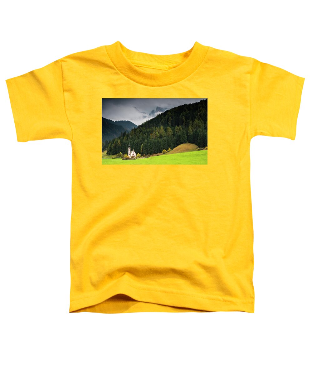 Dolomite Mountains Toddler T-Shirt featuring the photograph Beautiful small Alpine church in Italy. by Michalakis Ppalis
