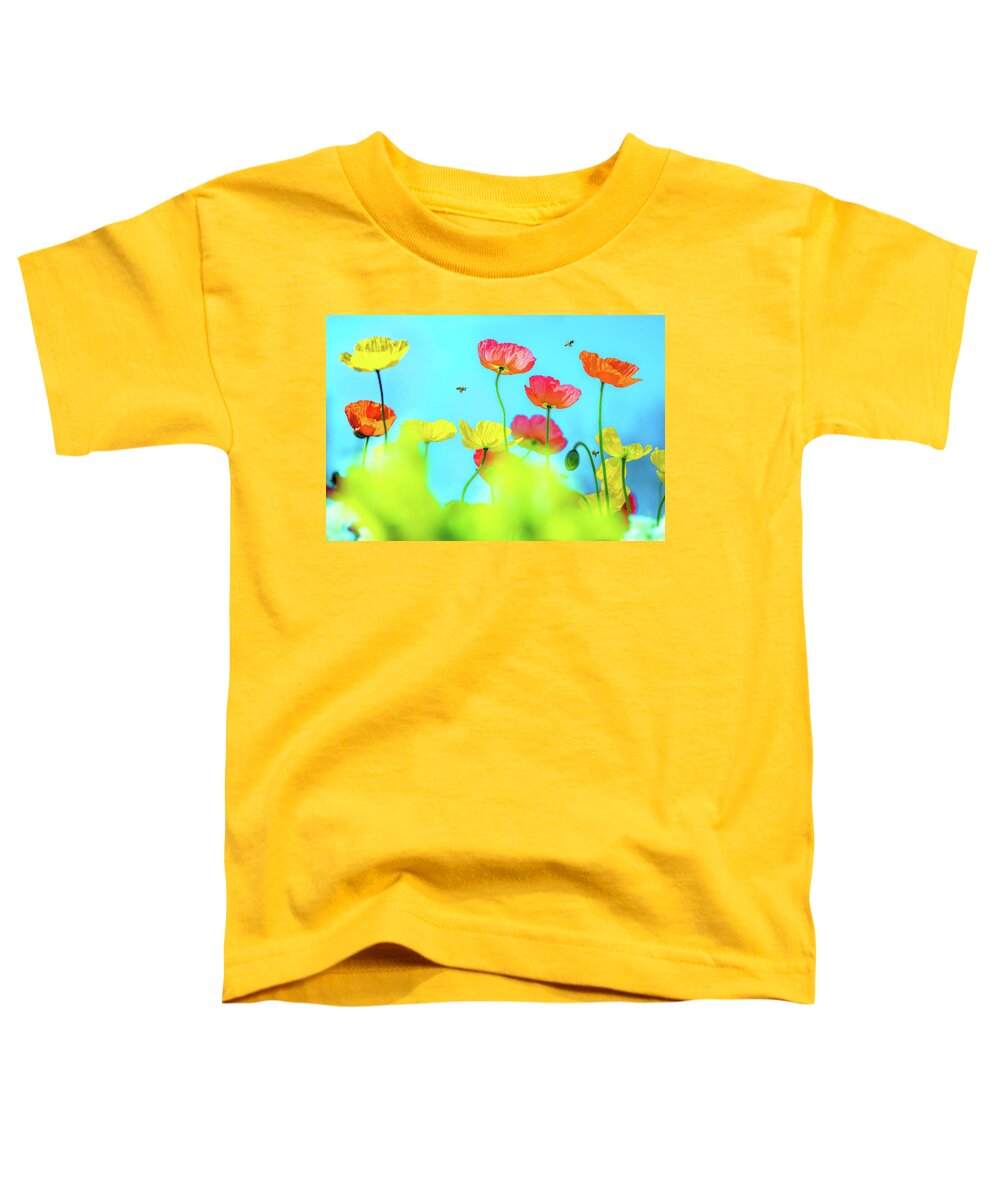 Colorful Poppy Flower Toddler T-Shirt featuring the photograph Bee Haven by Az Jackson