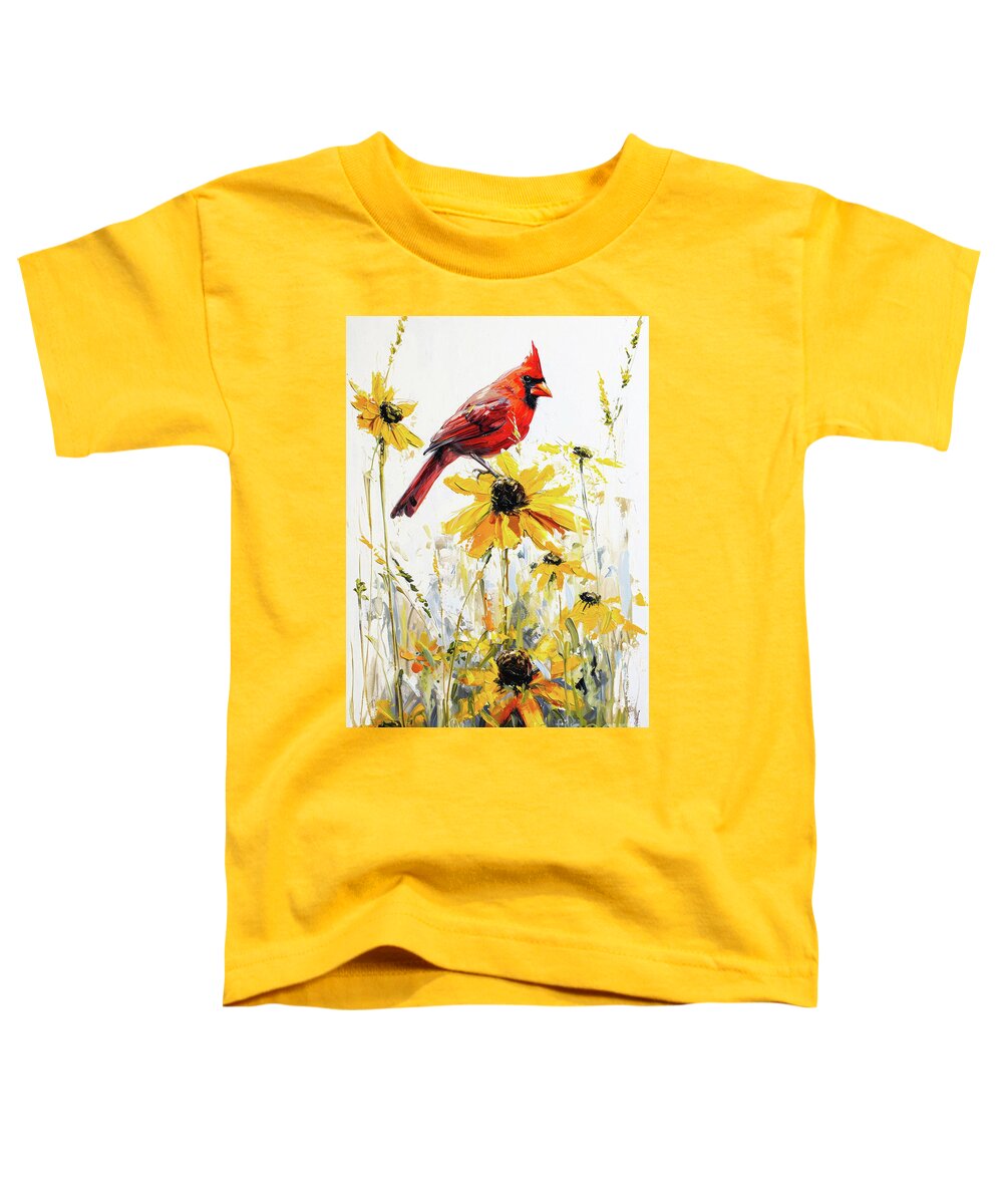 Northern Cardinal Toddler T-Shirt featuring the painting Cardinal In The Daisies by Tina LeCour