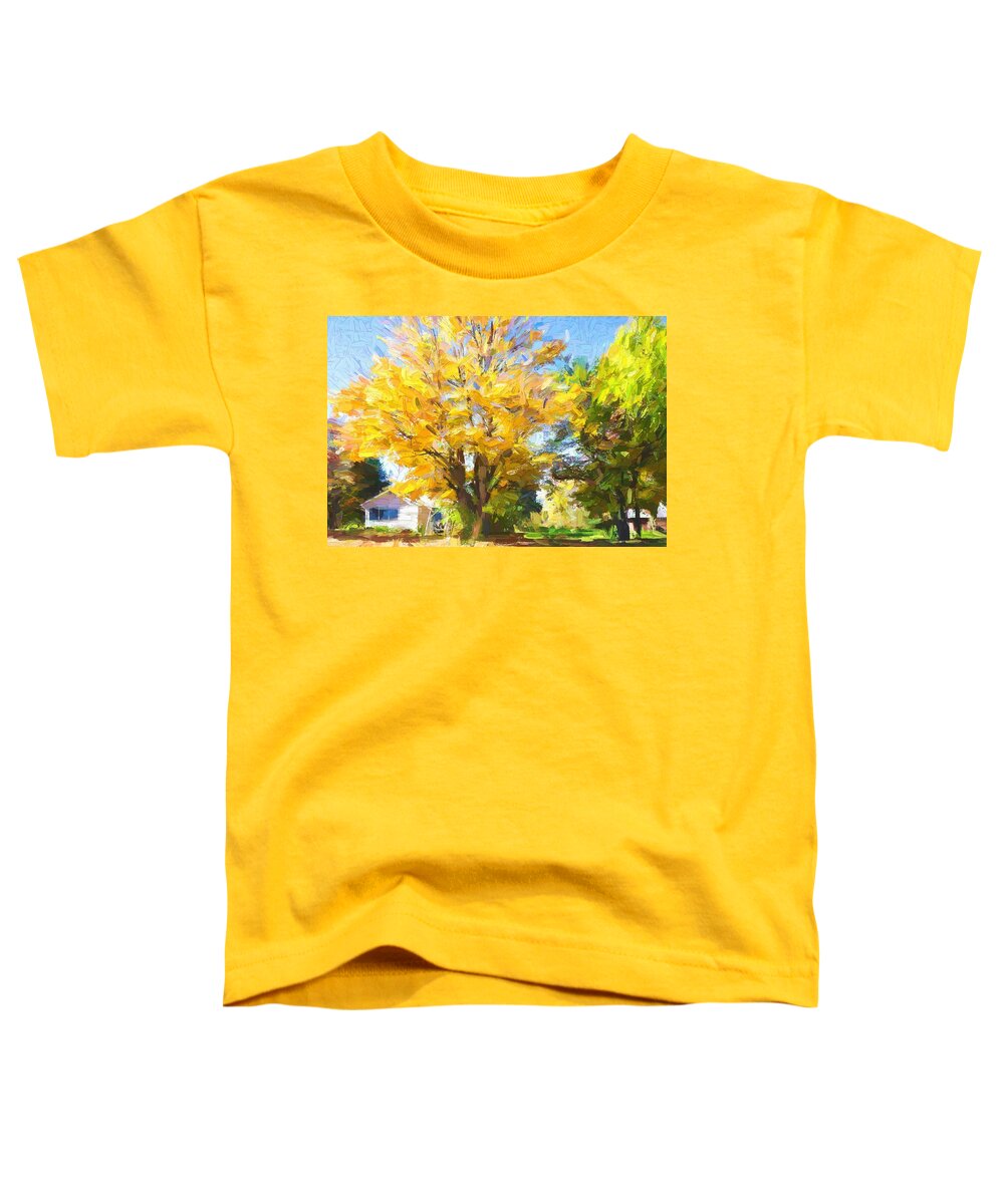 Autumn Toddler T-Shirt featuring the mixed media Forester Village Michigan in autumn by Tatiana Travelways