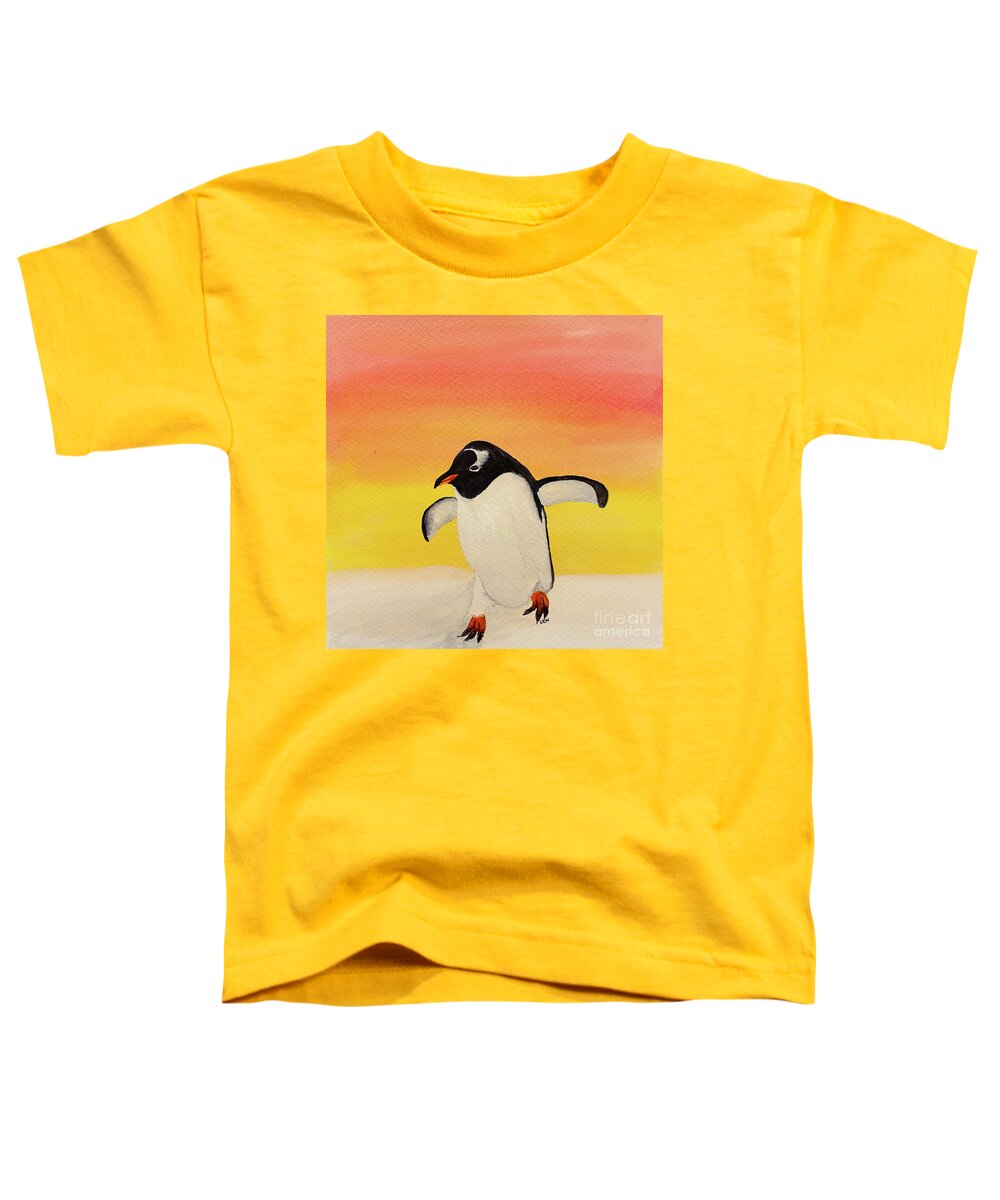 Penguin Toddler T-Shirt featuring the painting Penguin at Sunset by Lisa Neuman