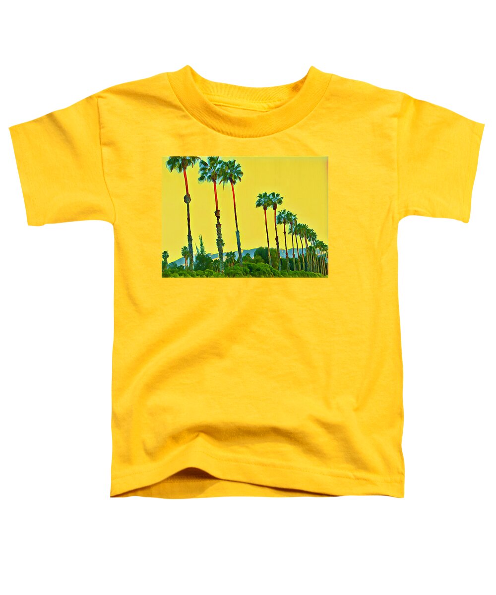  Toddler T-Shirt featuring the photograph SoCal Palms Mountains and Golden Sky by Debra Amerson