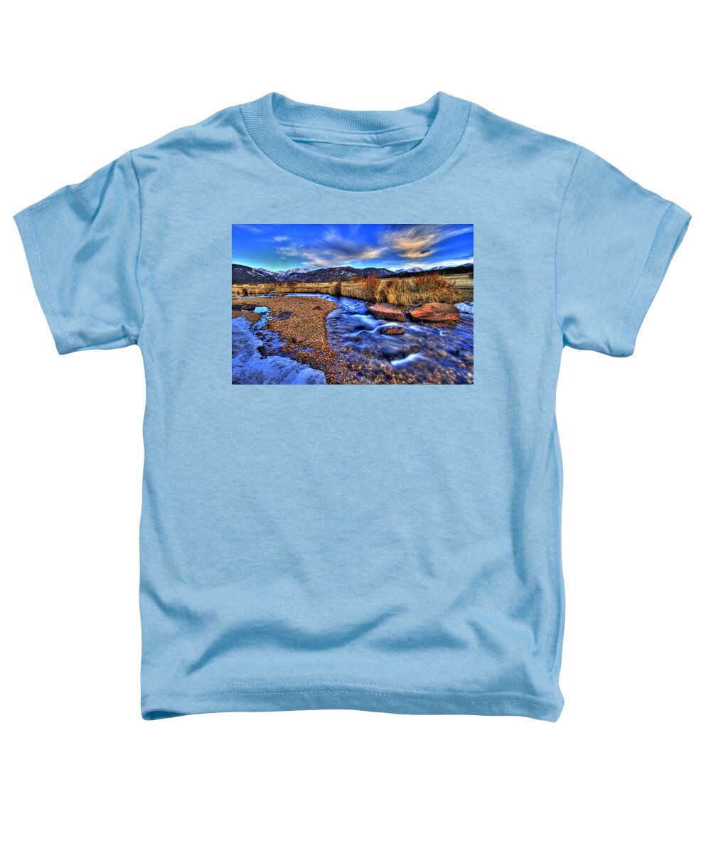 Stream Toddler T-Shirt featuring the photograph Rocky Mountain Bend by Scott Mahon