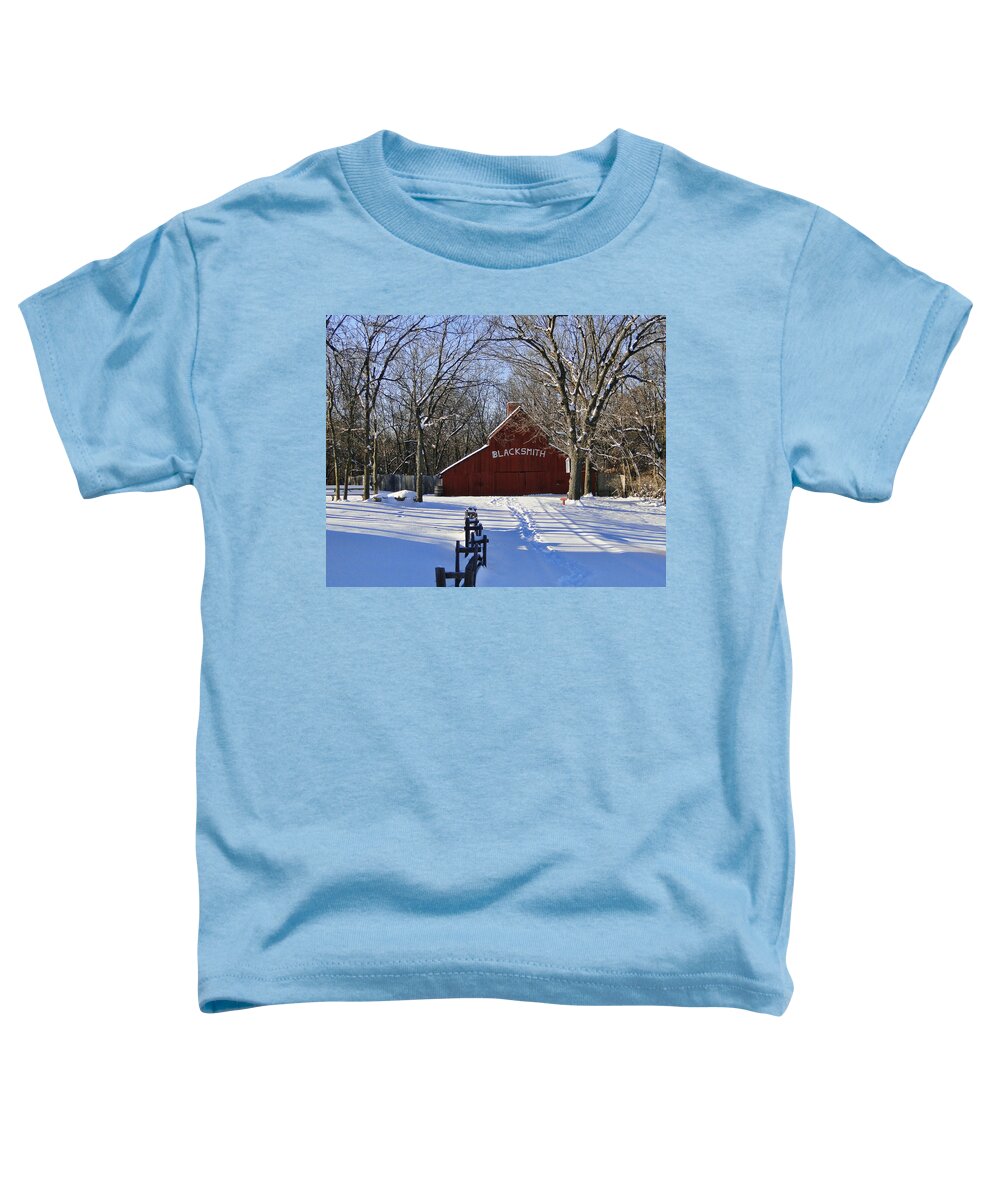 Snow Toddler T-Shirt featuring the photograph Blacksmith Shop in Winter by Alan Hutchins