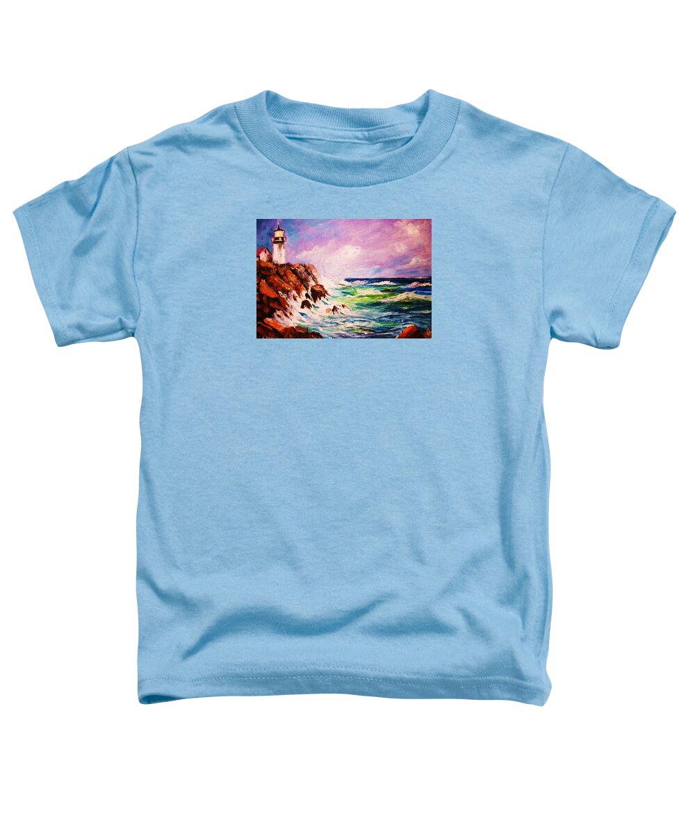 Lighthouse Toddler T-Shirt featuring the painting Waves Against the Rocks by Al Brown