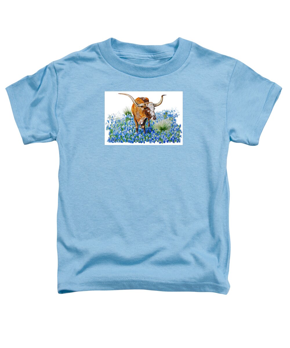 Longhorns Toddler T-Shirt featuring the painting Longhorn and Bluebonnets Daniel Adams by Daniel Adams