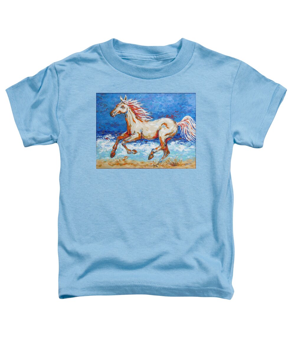  Beach Toddler T-Shirt featuring the painting Galloping Horse on Beach by Jyotika Shroff