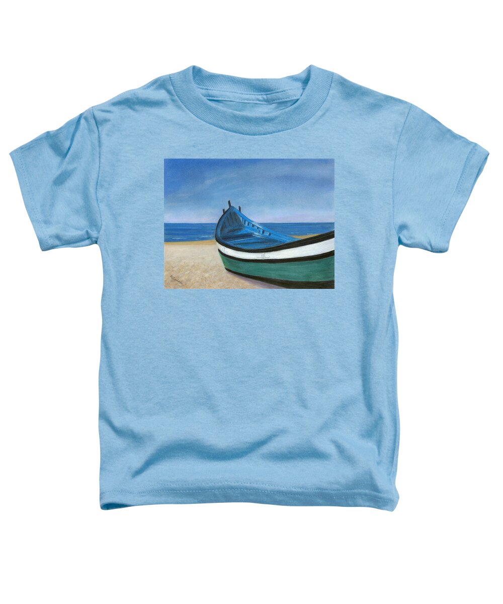 Boat Toddler T-Shirt featuring the painting Green Boat Blue Skies by Arlene Crafton