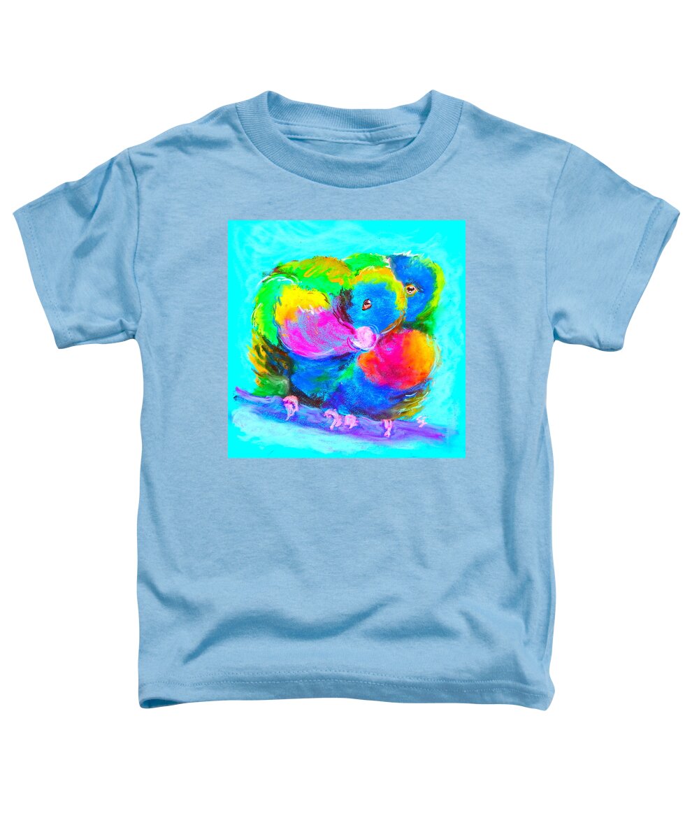 Rainbow Lorikeets Toddler T-Shirt featuring the painting In Love Birds - Lorikeets by Sue Jacobi