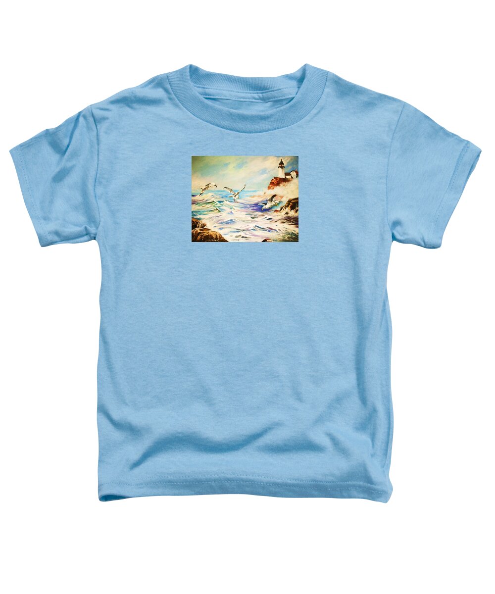 Lighthouse Toddler T-Shirt featuring the painting Lighthouse Gulls and Waves by Al Brown