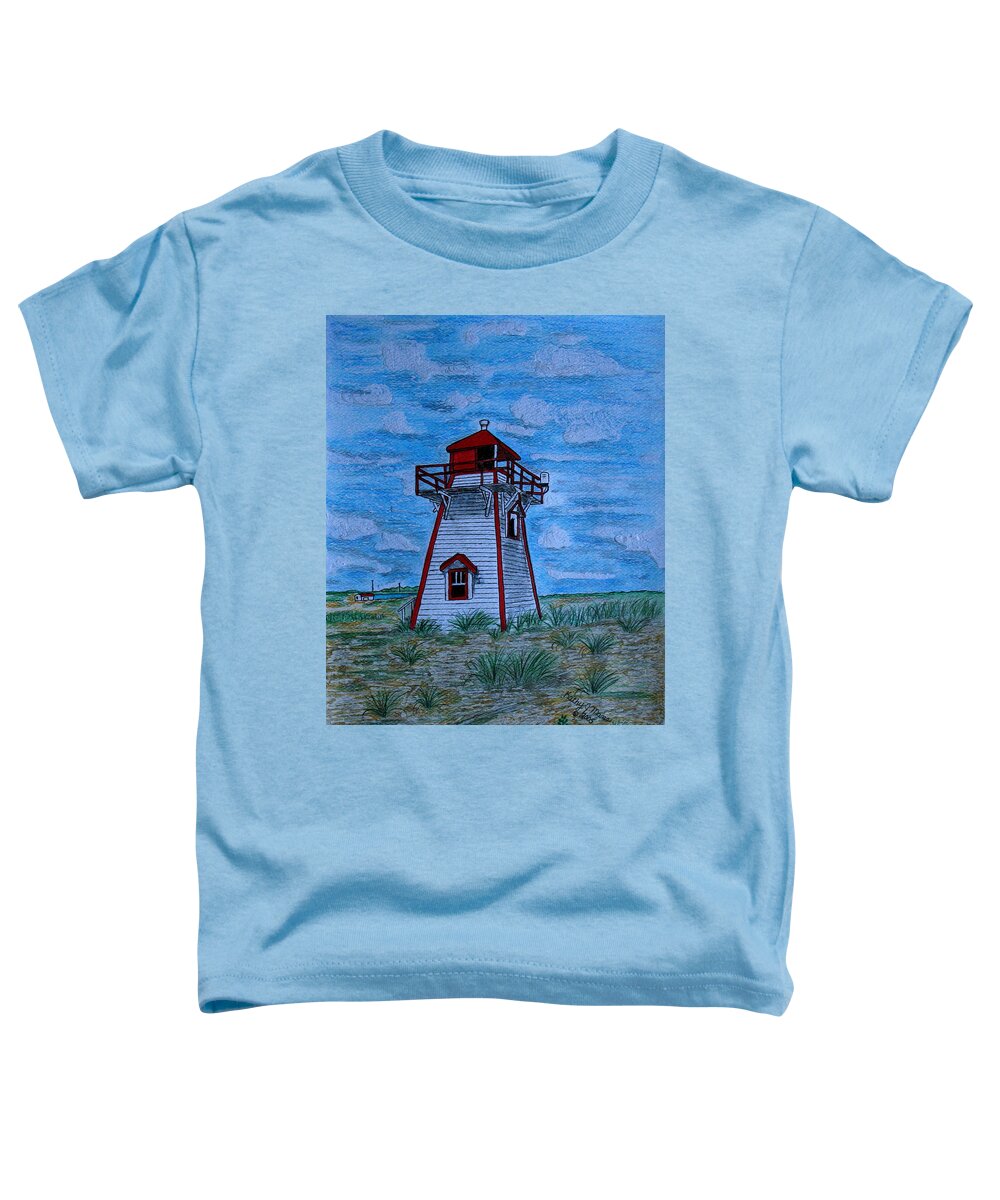 Red Toddler T-Shirt featuring the painting Little Red and White Lighthouse by Kathy Marrs Chandler